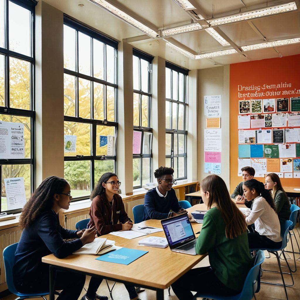 A diverse group of students engaged in collaborative learning in a modern, bright classroom at Cambridge. The walls are adorned with educational posters, bookshelves filled with resources, and a digital screen displaying inspiring quotes. Soft sunlight streams through large windows, creating an inviting atmosphere for academic success. The students, representing various backgrounds, are discussing and sharing ideas enthusiastically. super-realistic. vibrant colors. bright background.