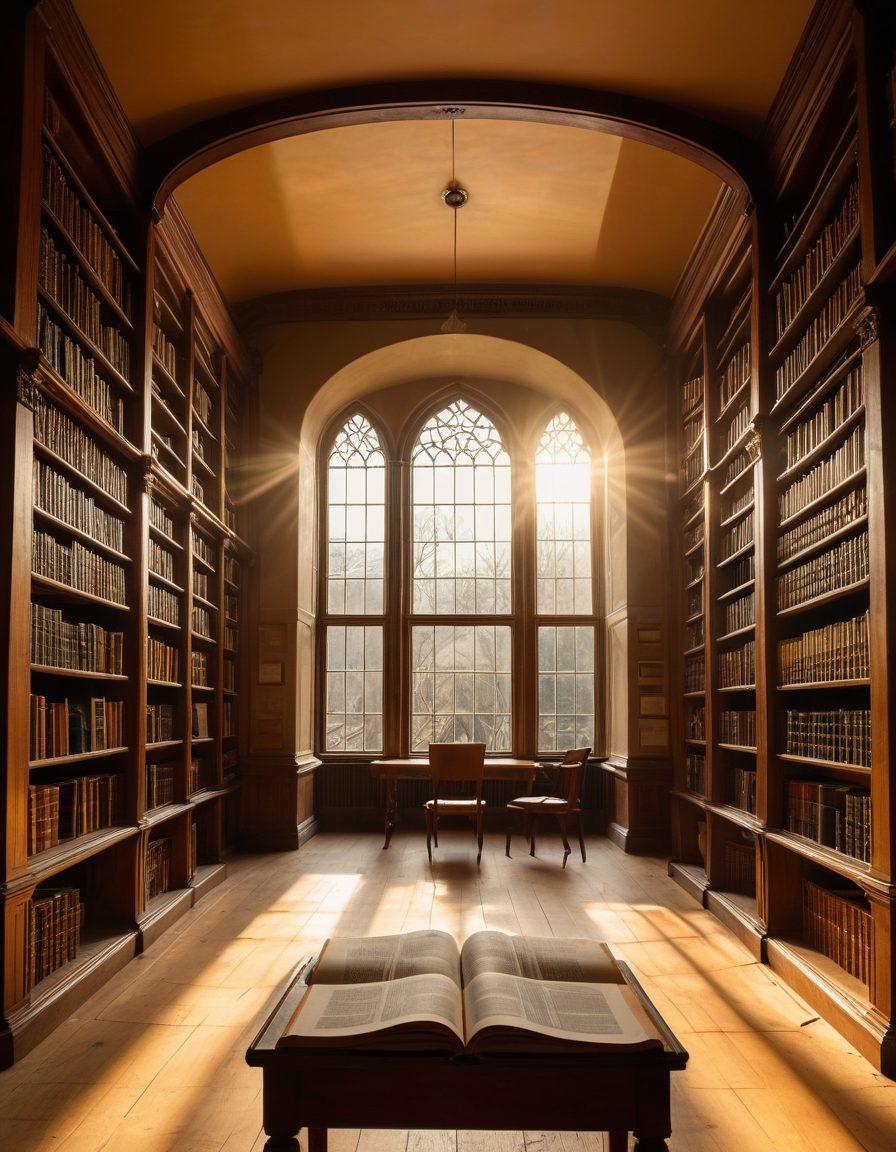 A serene library scene at Cambridge with students deeply engaged in reading and discussion. Sunlight streaming through large windows, casting shadows on ancient wooden book shelves filled with academic texts. A blackboard filled with complex equations and colorful mind maps in the background. Subtle hints of Cambridge architecture visible through the windows. super-realistic. warm tones. natural lighting.